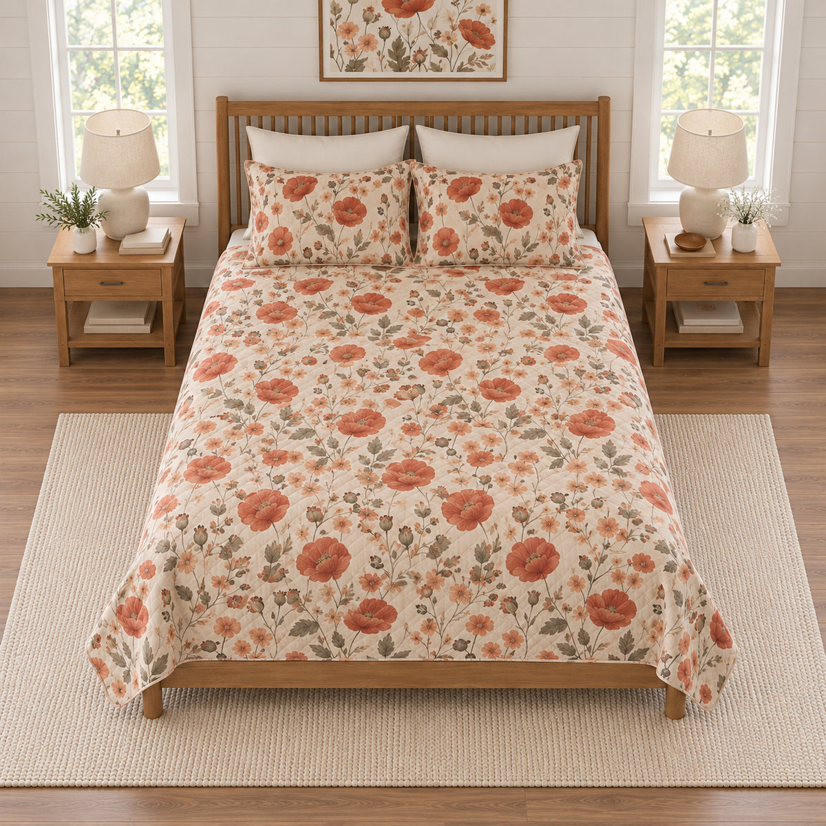 Terracotta poppy meadow quilt set elevated overhead view