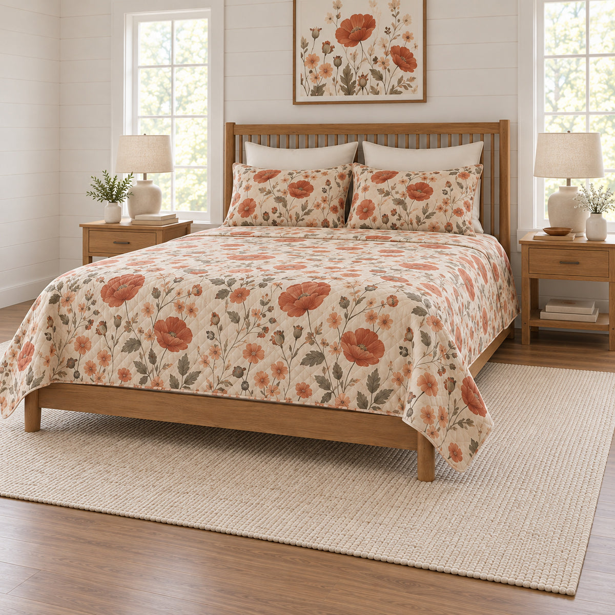 Terracotta poppy meadow quilt set right angle view