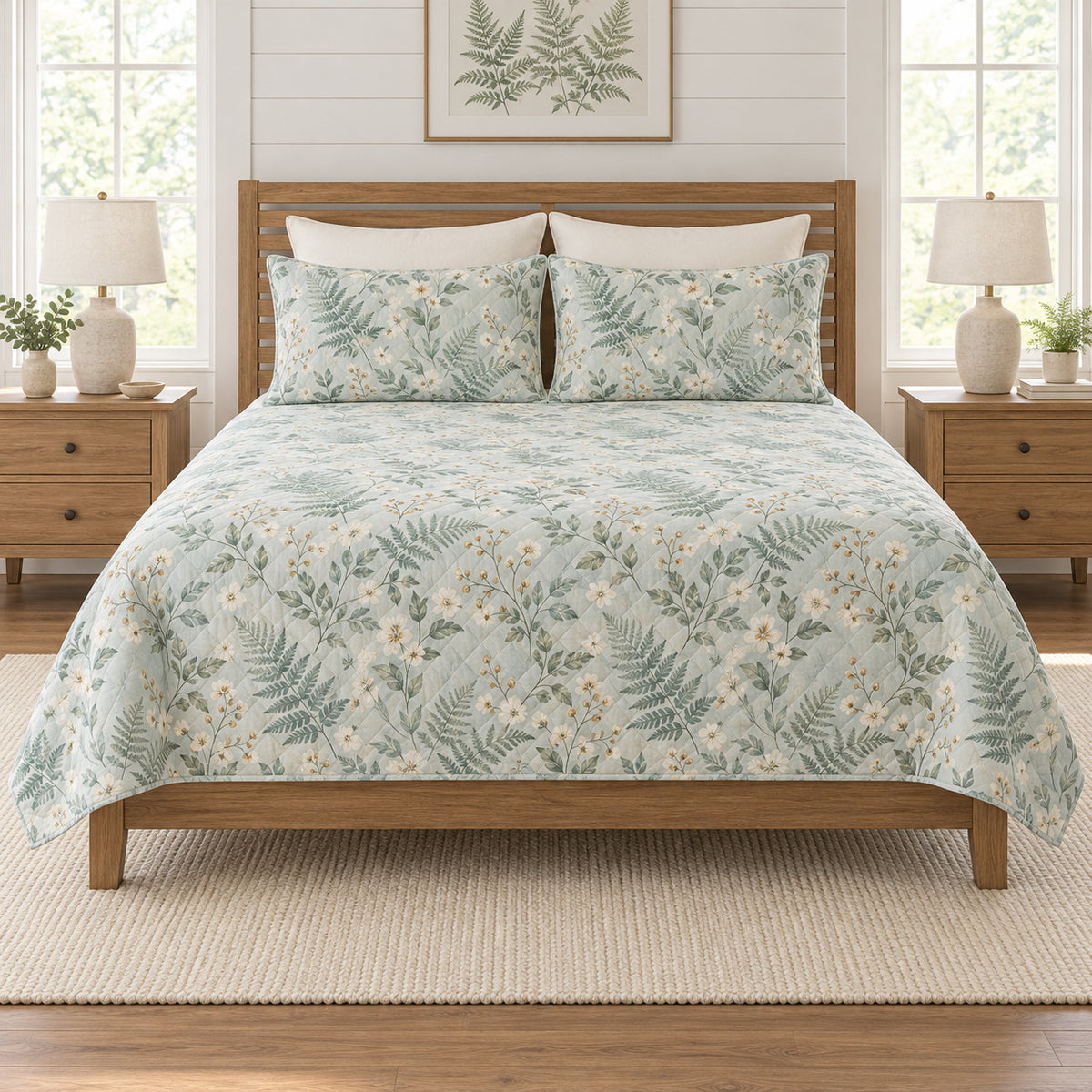Sea glass fern jasmine quilt set front view