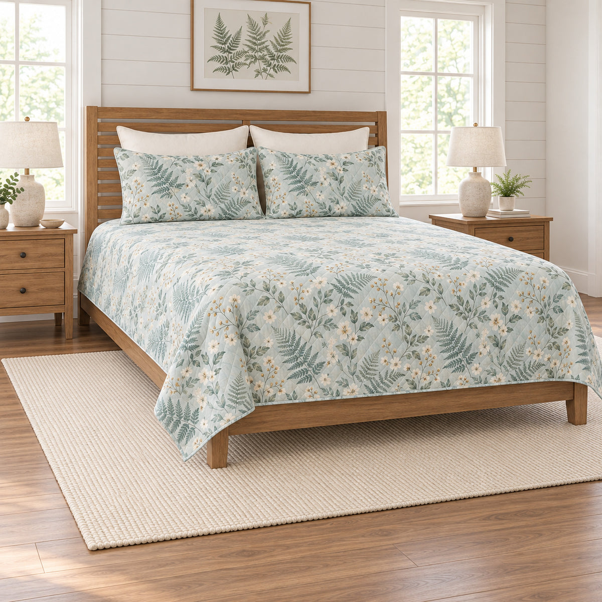 Sea glass fern jasmine quilt set left angle view