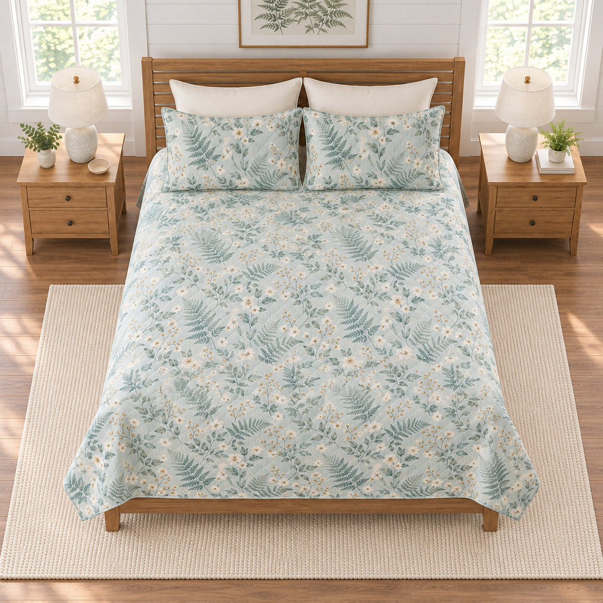 Sea glass fern jasmine quilt set elevated overhead view