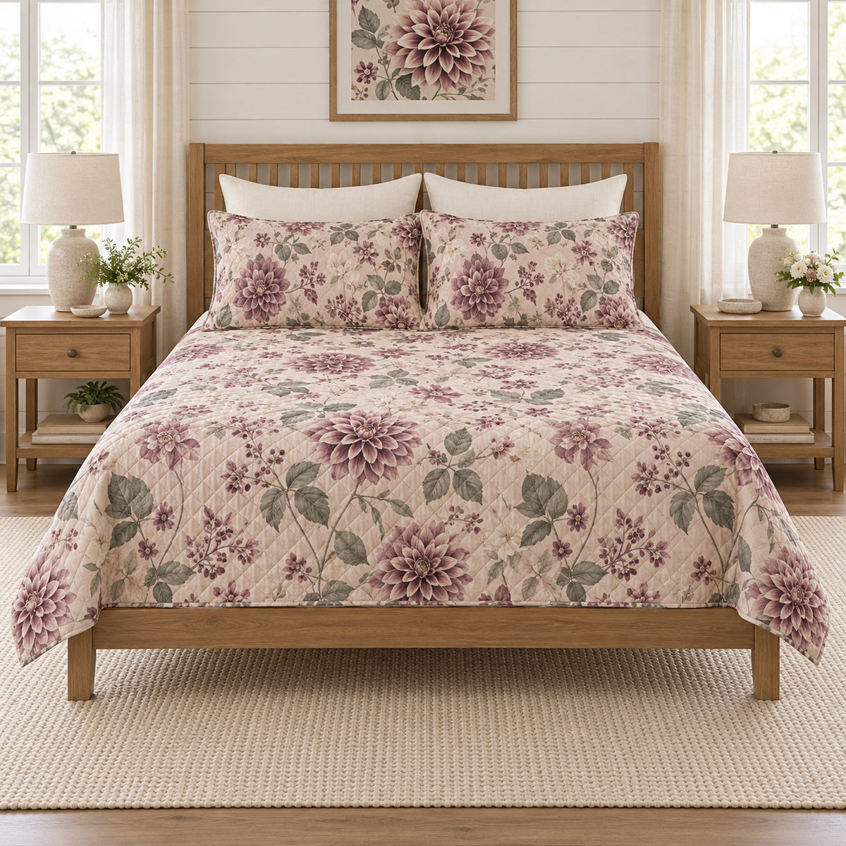Dusty plum dahlia quilt set front view