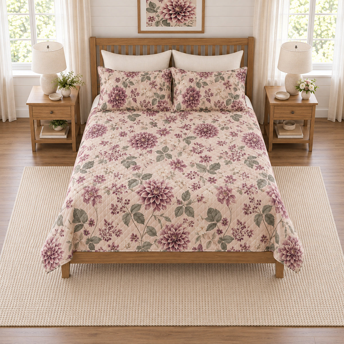 Dusty plum dahlia quilt set elevated overhead view