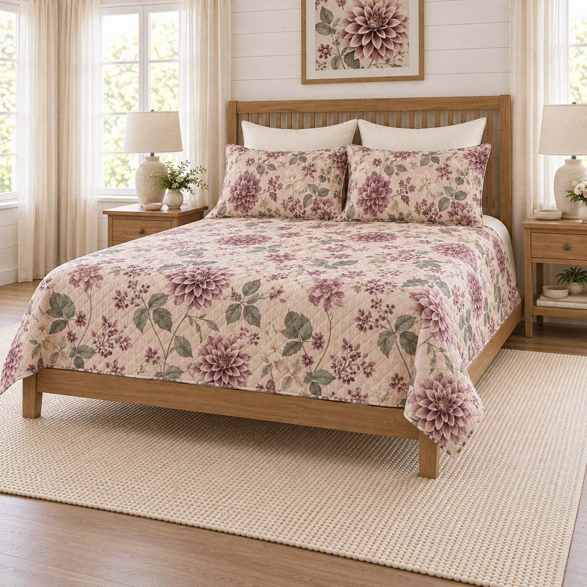 Dusty plum dahlia quilt set right angle view