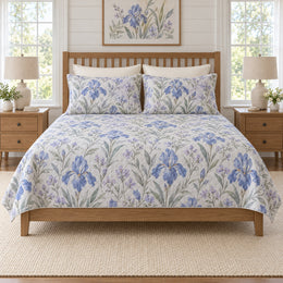 Periwinkle Iris Quilt Set, Pearl Gray Floral Bedding, Gift for Iris Lovers
