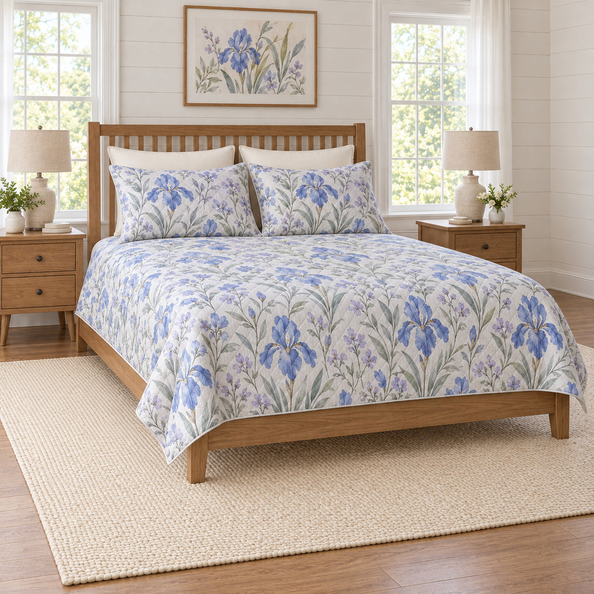 Periwinkle iris quilt set on a long oak bed, left angle view