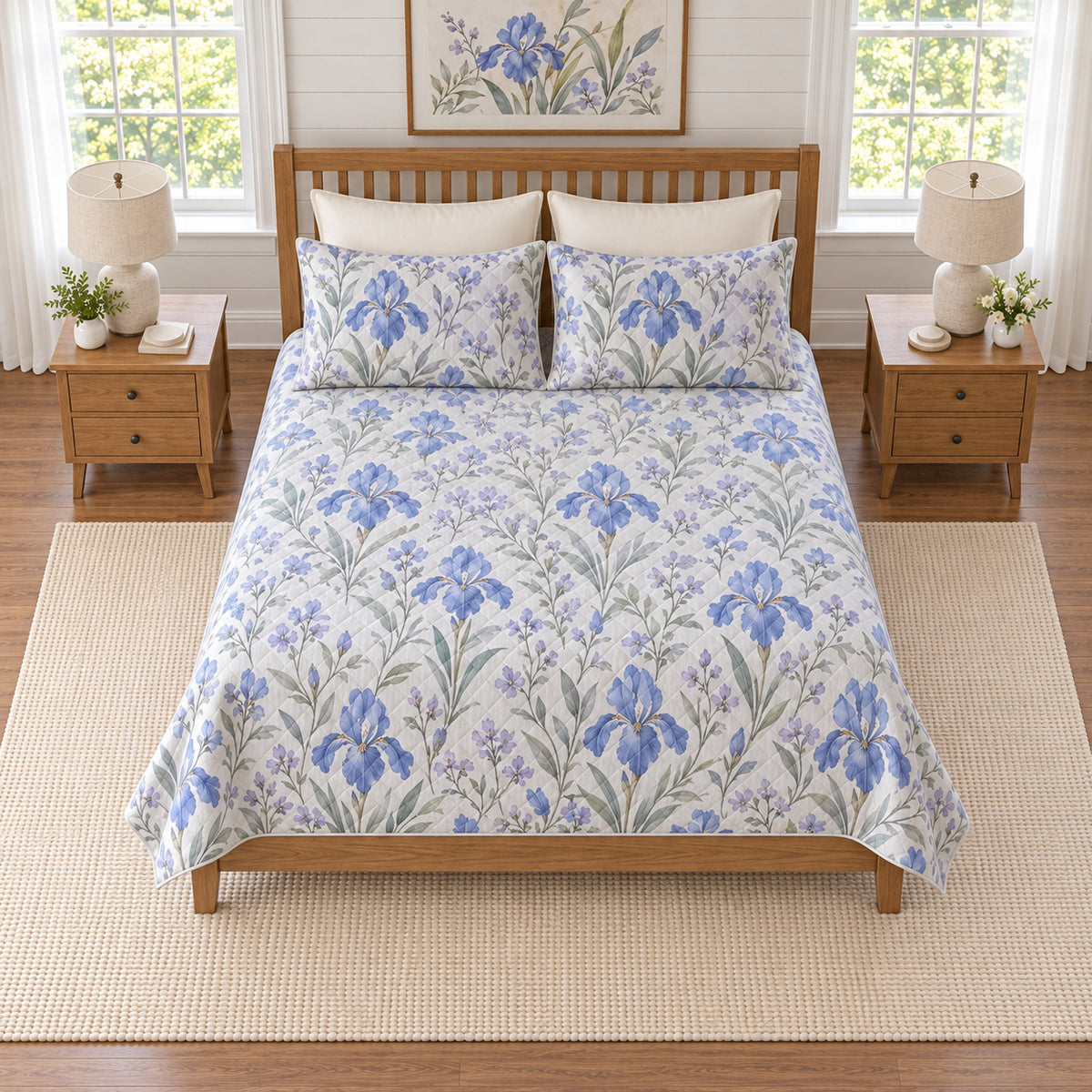 Periwinkle iris quilt set, elevated straight-on overhead view