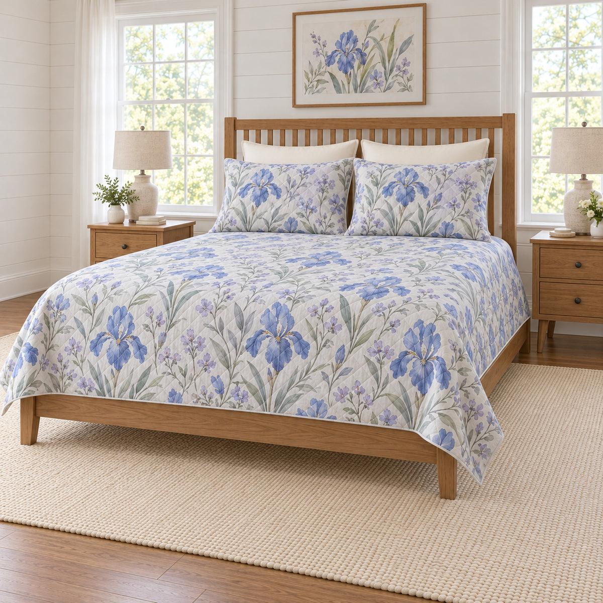 Periwinkle iris quilt set on a long oak bed, right angle view