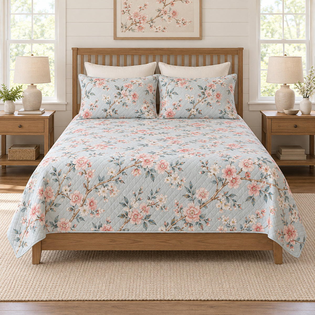 Coral cherry blossom quilt set on a long oak bed, front hero view