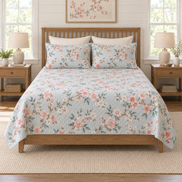 Coral Cherry Blossom Quilt Set, Mist Blue Bedding, Gift for Cherry Blossom Lovers