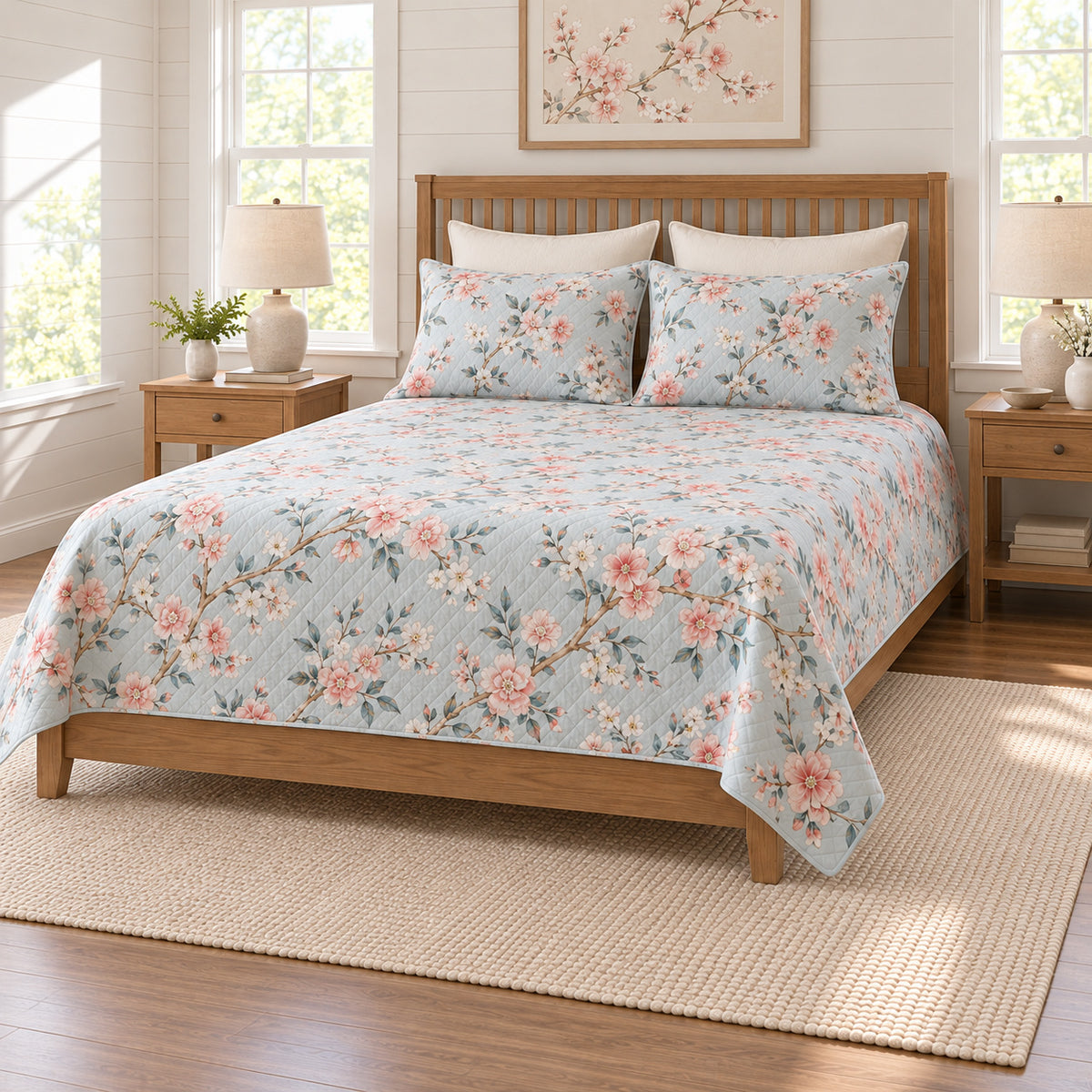 Coral cherry blossom quilt set on a long oak bed, right angle view