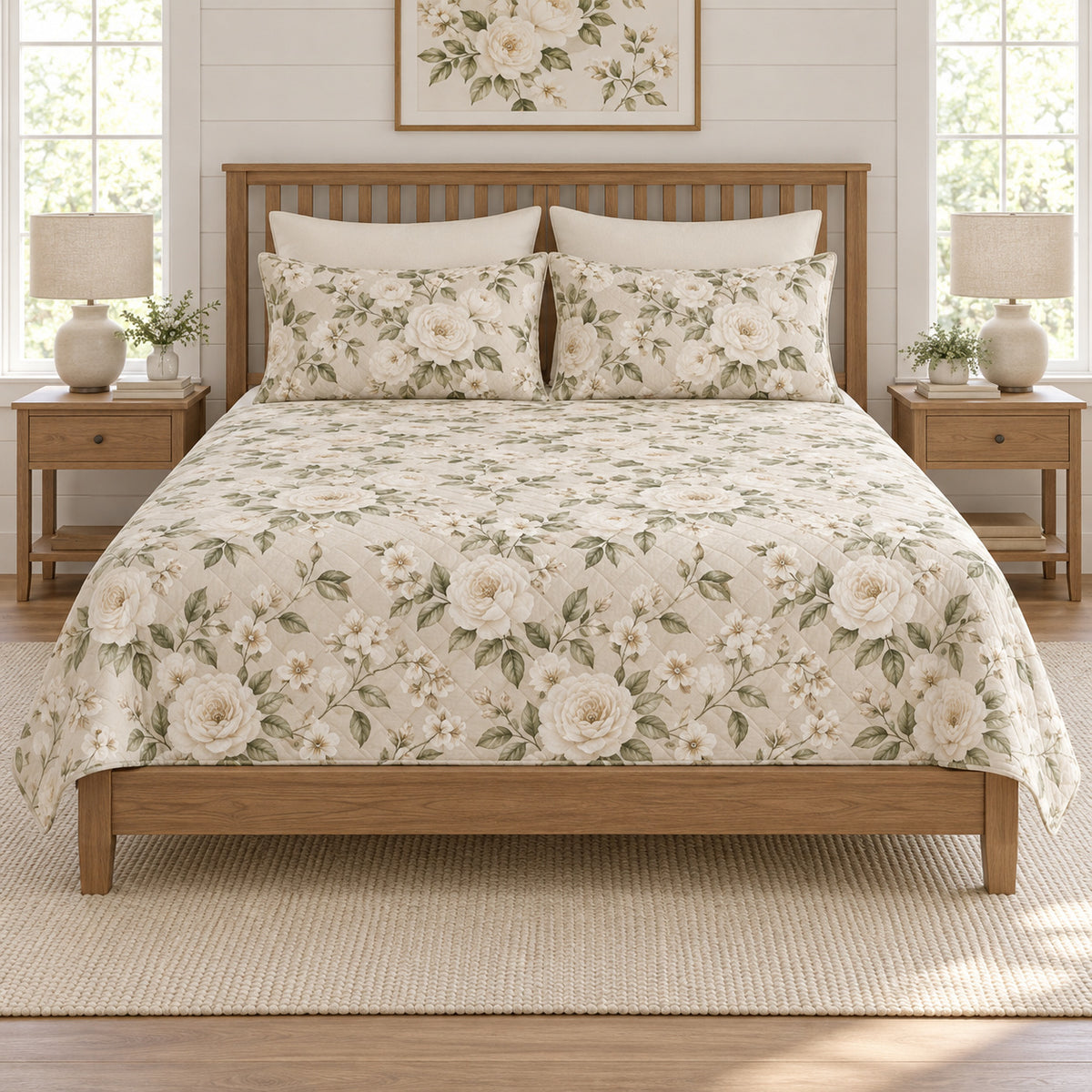 Ivory rose quilt set on a long oak bed, front hero view