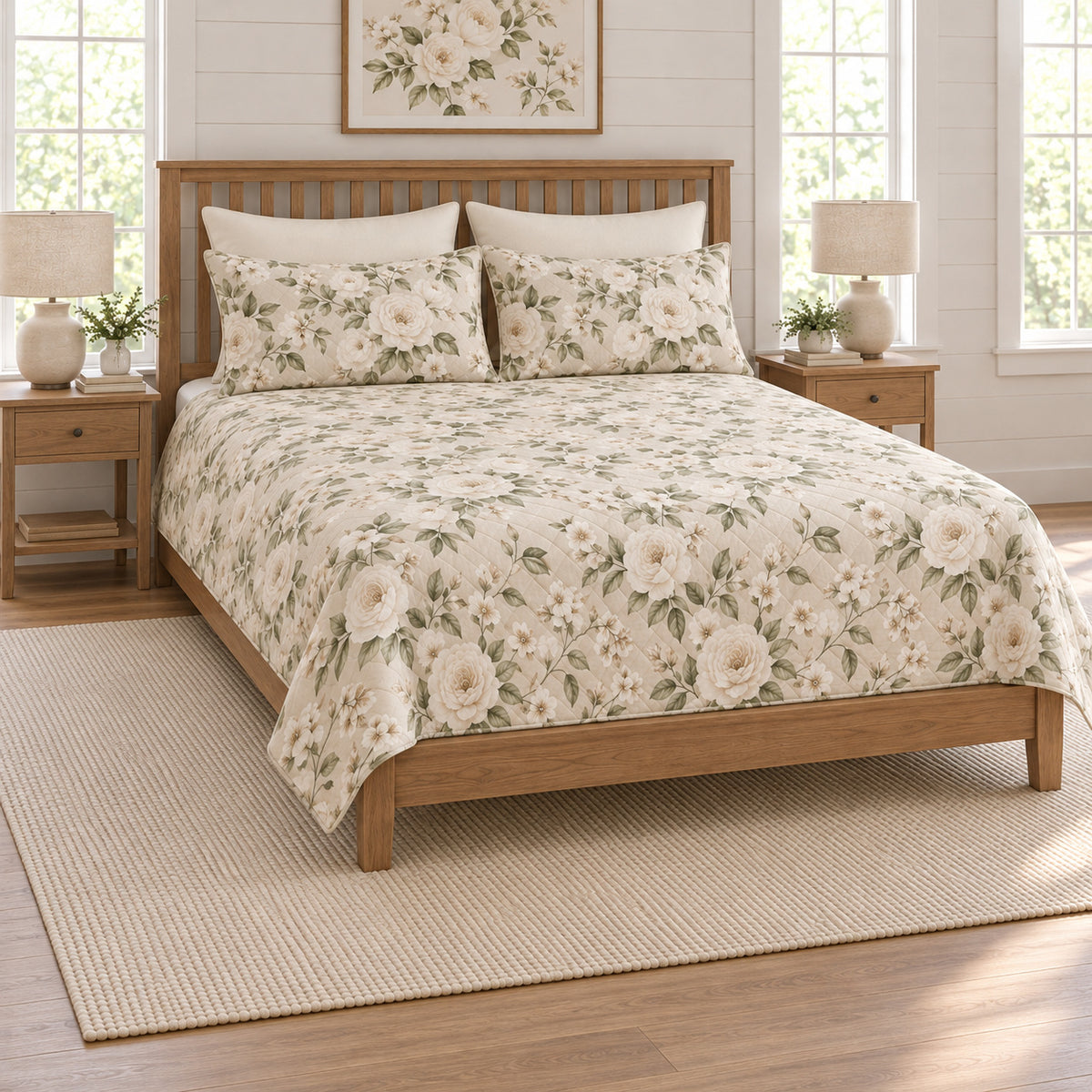 Ivory rose quilt set on a long oak bed, left angle view