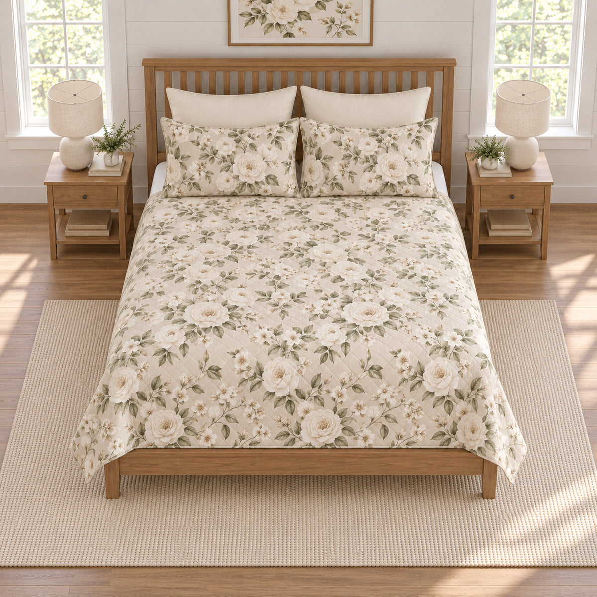 Ivory rose quilt set, elevated straight-on overhead view