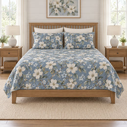 Dusty Denim Dogwood Quilt Set, Blue Floral Bedding, Gift for Dogwood Lovers