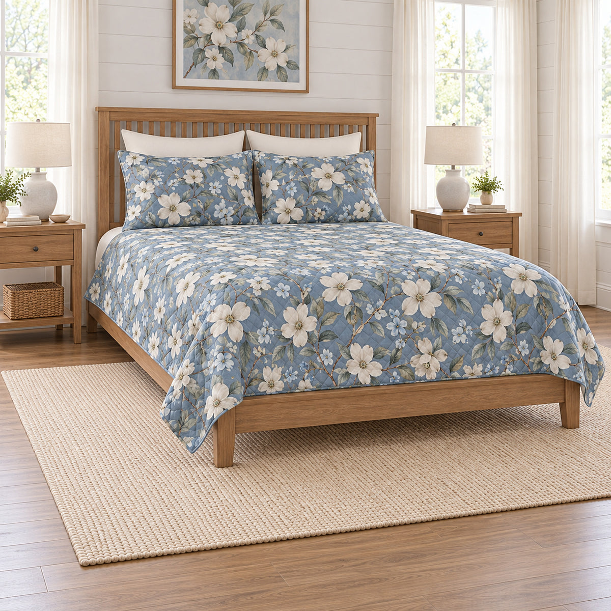 Dusty denim dogwood quilt set on a long oak bed, left angle view