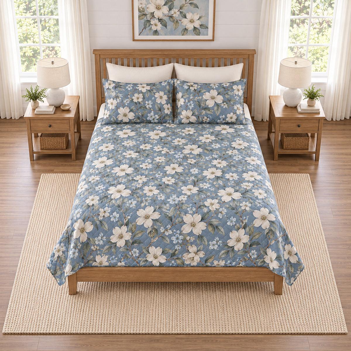 Dusty denim dogwood quilt set, elevated straight-on overhead view