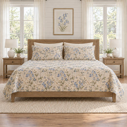 Warm Sand Bluebell Quilt Set, Botanical Bedding, Gift for Bluebell Lovers