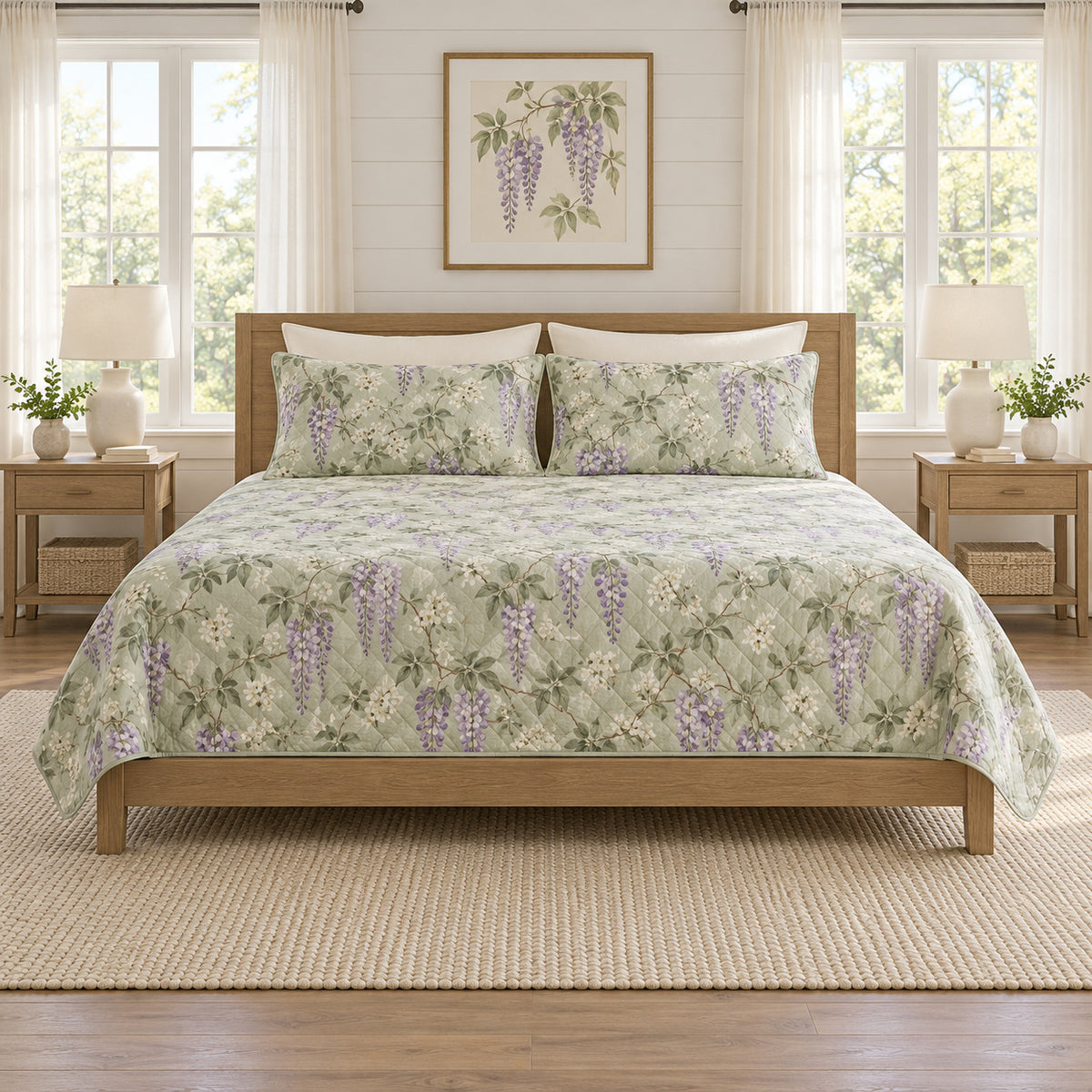 Soft celadon wisteria quilt set front view with diamond stitching