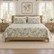 Soft celadon wisteria quilt set front view with diamond stitching
