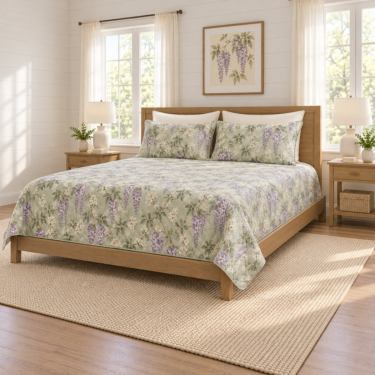 Soft celadon wisteria quilt set right angle view