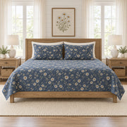 Smoky navy chamomile quilt set front view with diamond stitching