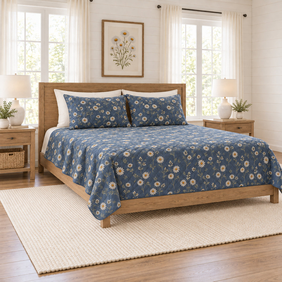 Smoky navy chamomile quilt set left angle view