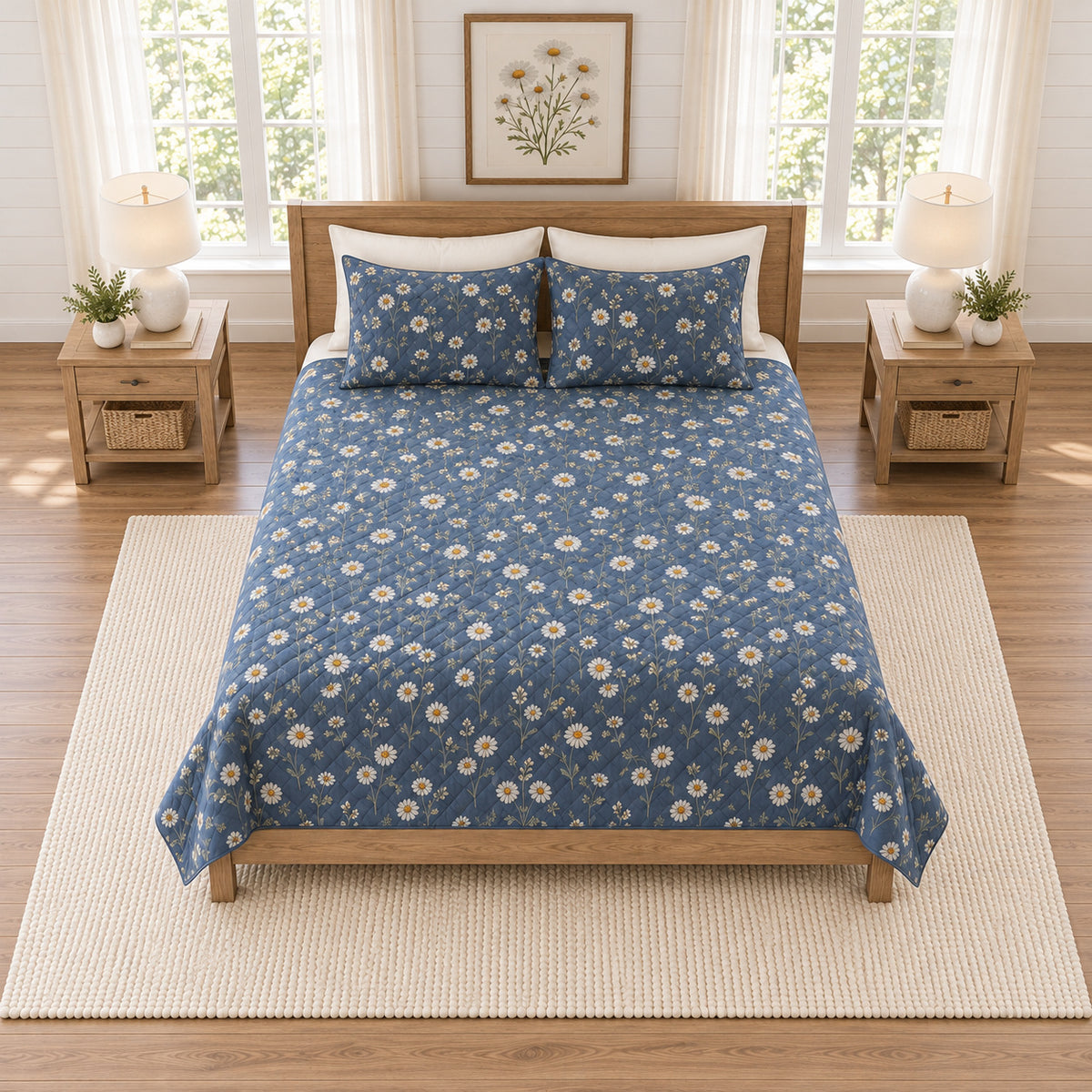 Smoky navy chamomile quilt set elevated overhead view