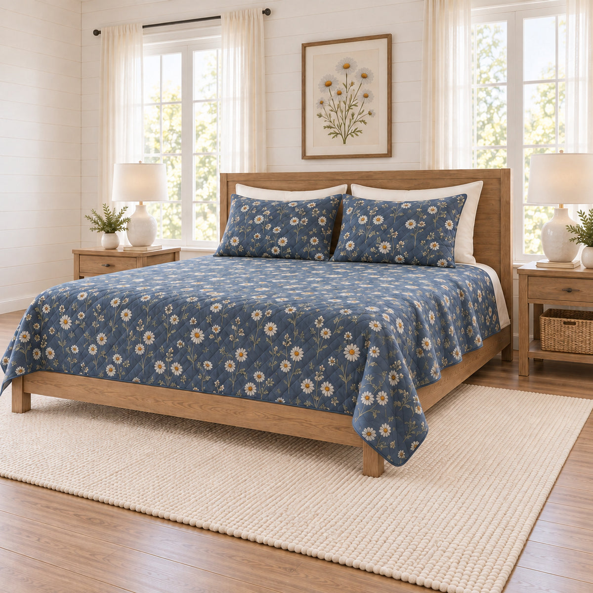 Smoky navy chamomile quilt set right angle view