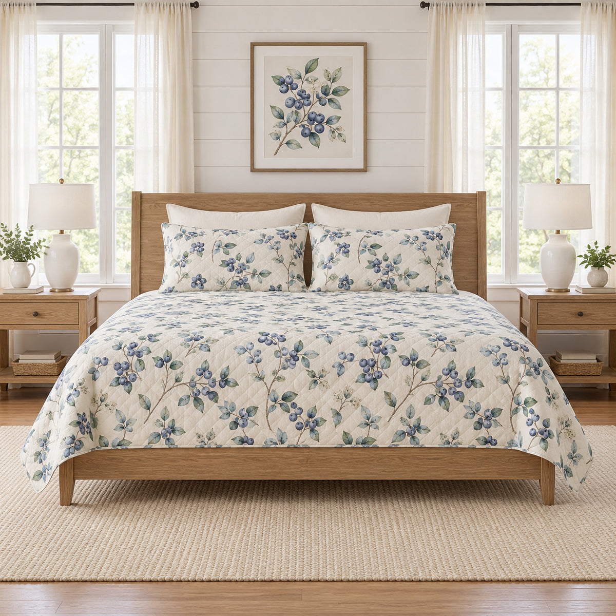 Warm ivory blueberry vine quilt set front view with diamond stitching