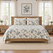 Warm ivory blueberry vine quilt set front view with diamond stitching