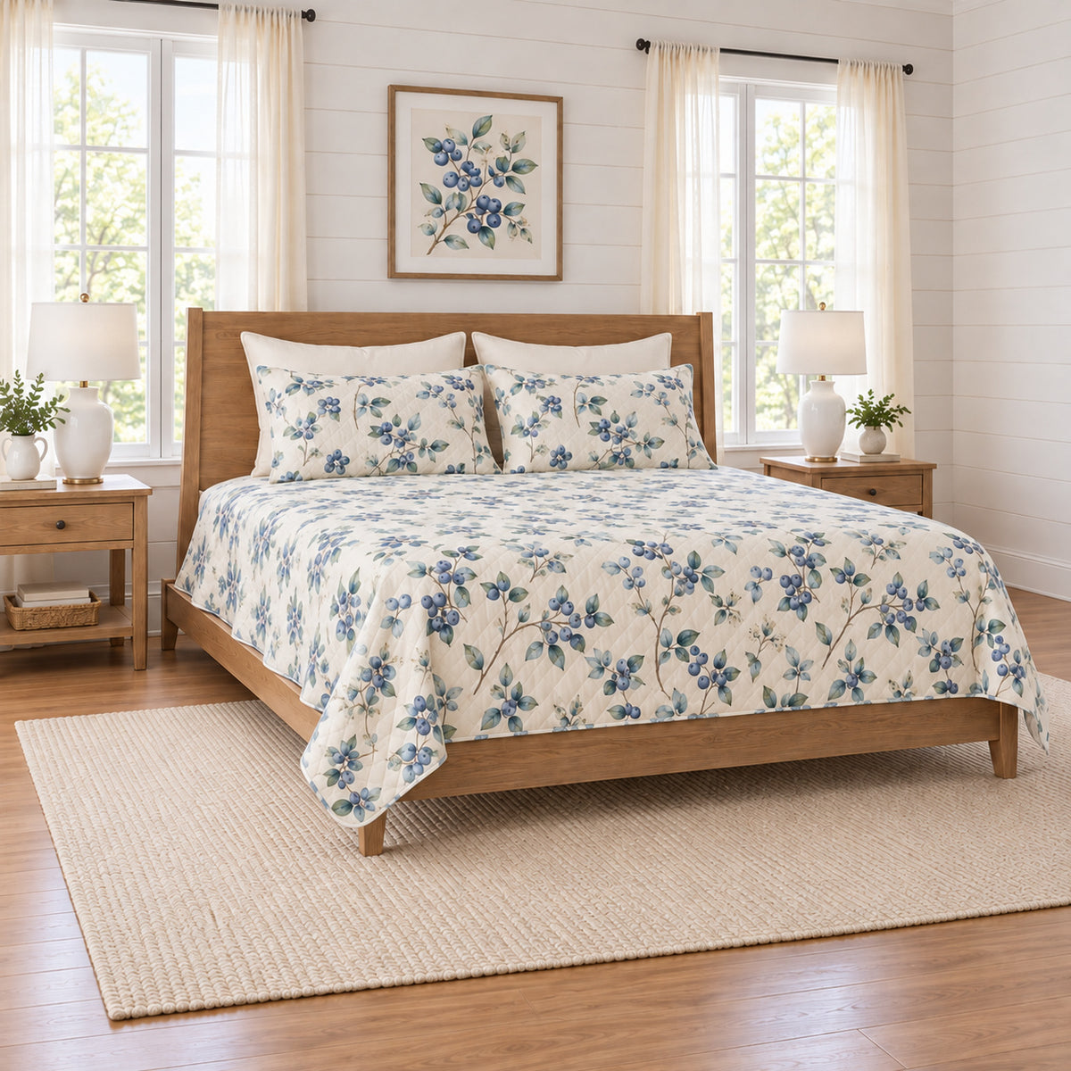 Warm ivory blueberry vine quilt set left angle view