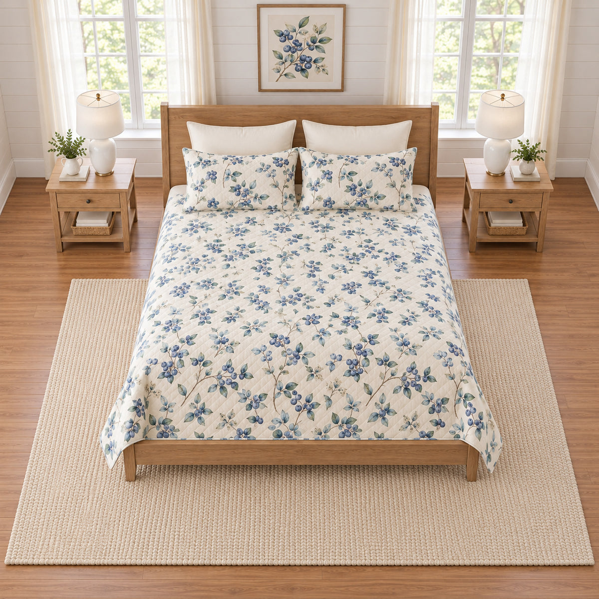 Warm ivory blueberry vine quilt set elevated overhead view