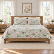 Mist aqua blush lotus quilt set front view with diamond stitching