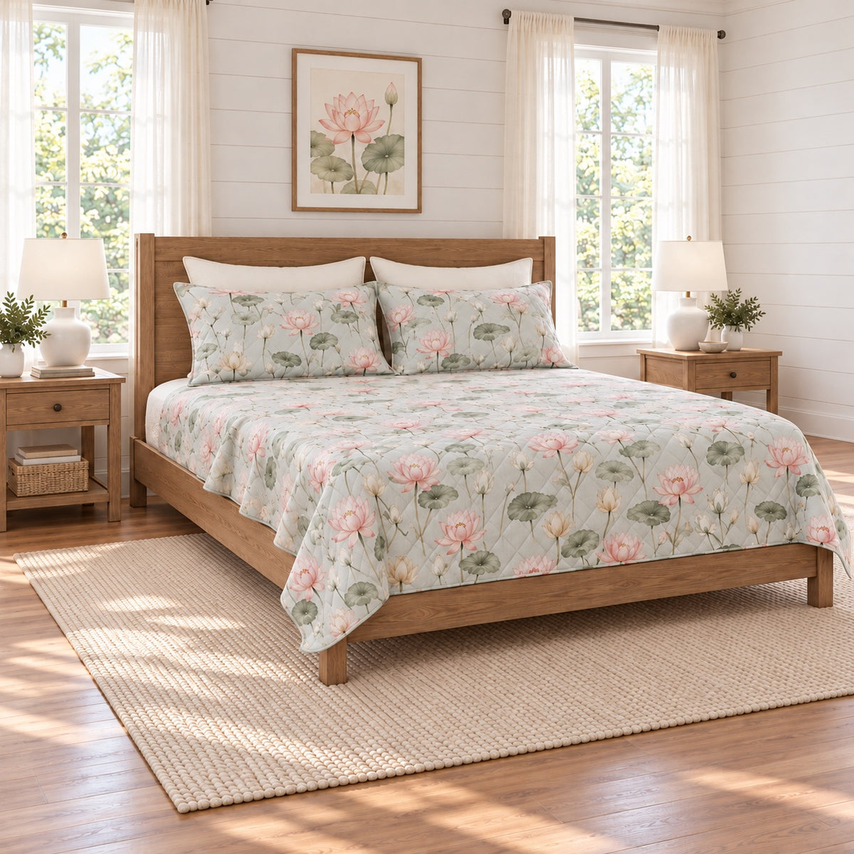 Mist aqua blush lotus quilt set left angle view