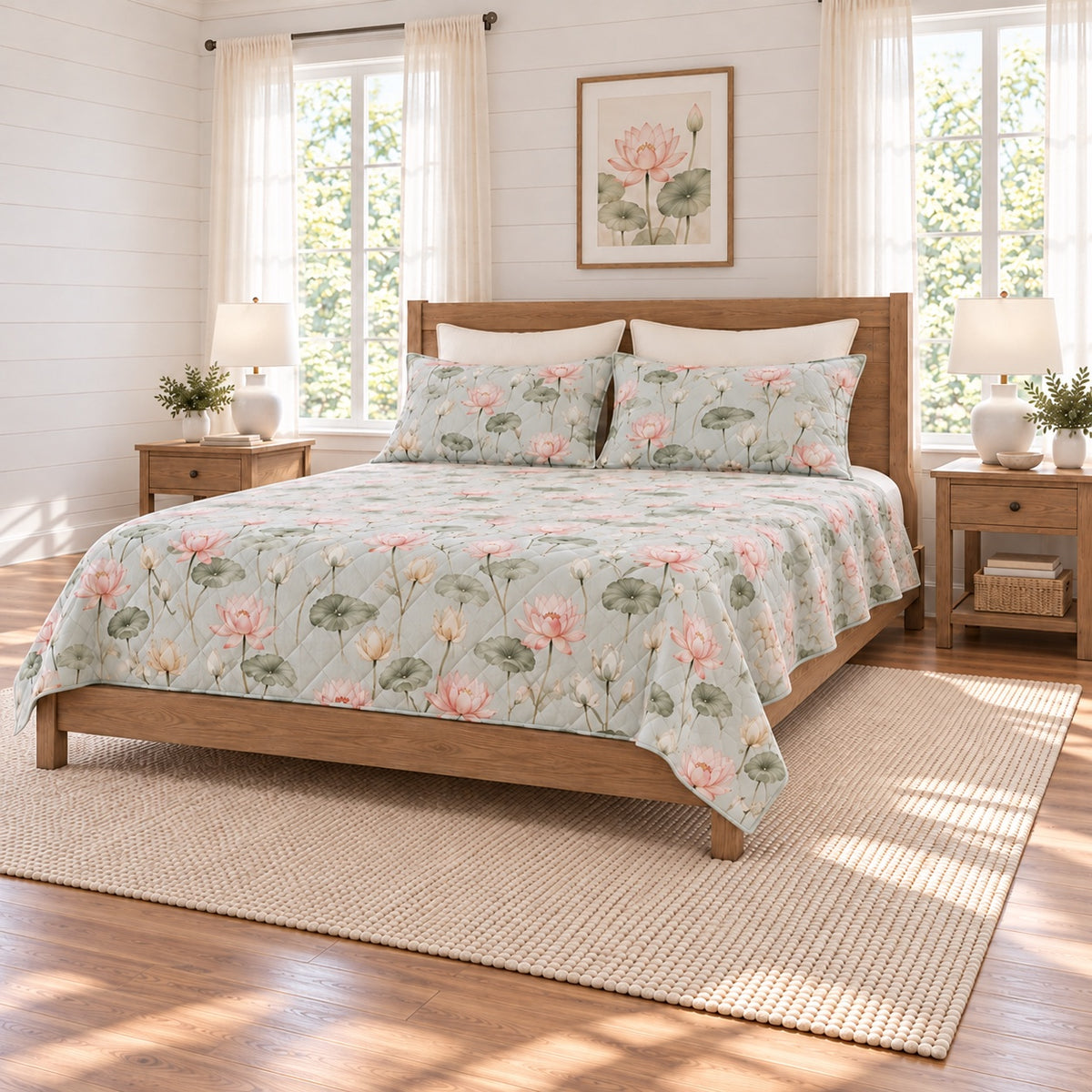 Mist aqua blush lotus quilt set right angle view