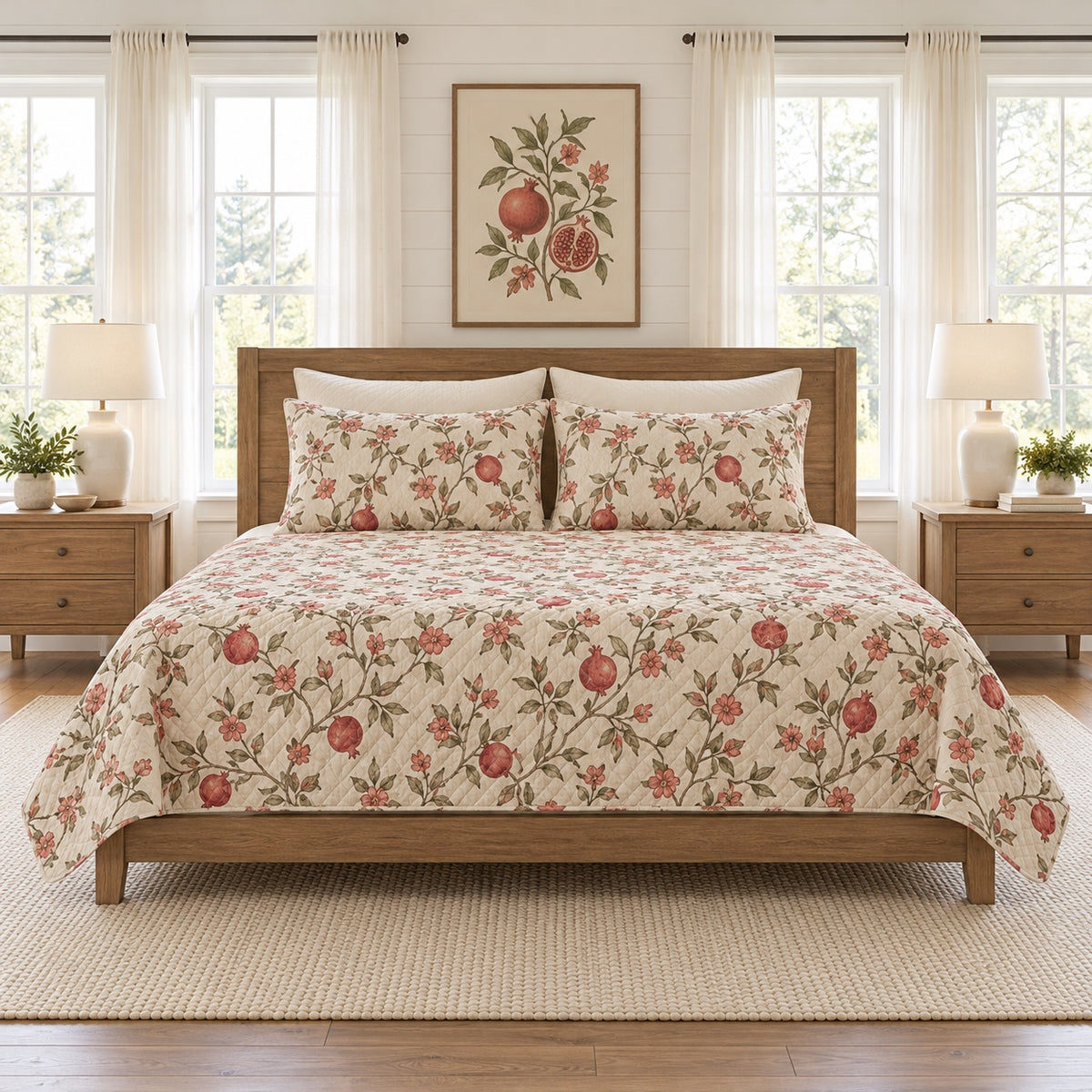 Oatmeal pomegranate branch quilt set front view with diamond stitching