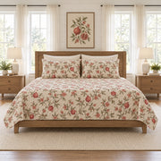 Oatmeal pomegranate branch quilt set front view with diamond stitching