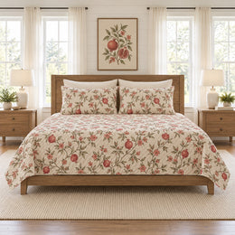 Oatmeal Pomegranate Branch Quilt Set, Botanical Bedding, Gift for Pomegranate Lovers