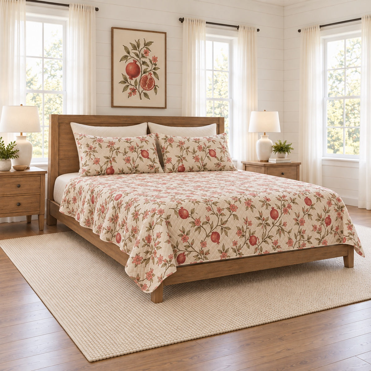 Oatmeal pomegranate branch quilt set left angle view