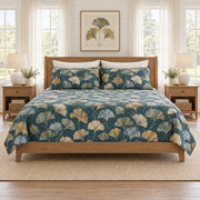 Dusty teal ginkgo fan quilt set front view with diamond stitching