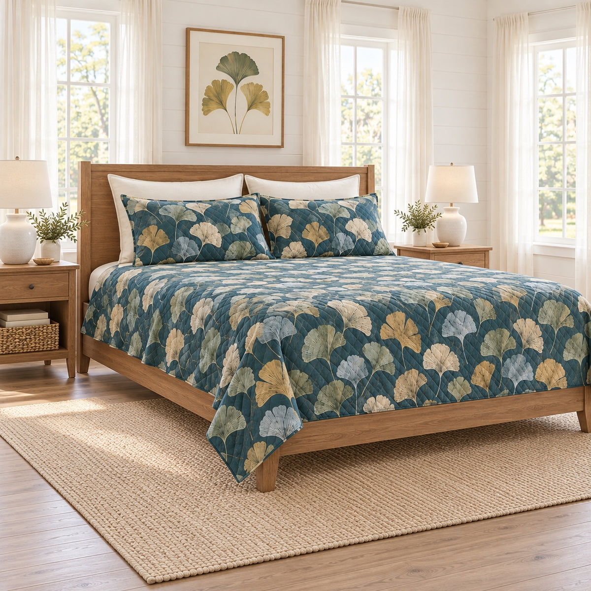 Dusty teal ginkgo fan quilt set left angle view