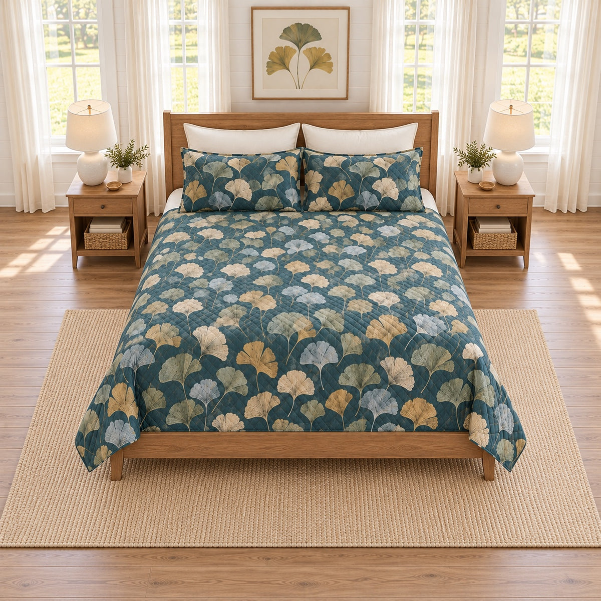 Dusty teal ginkgo fan quilt set elevated overhead view