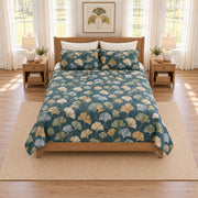 Dusty teal ginkgo fan quilt set elevated overhead view