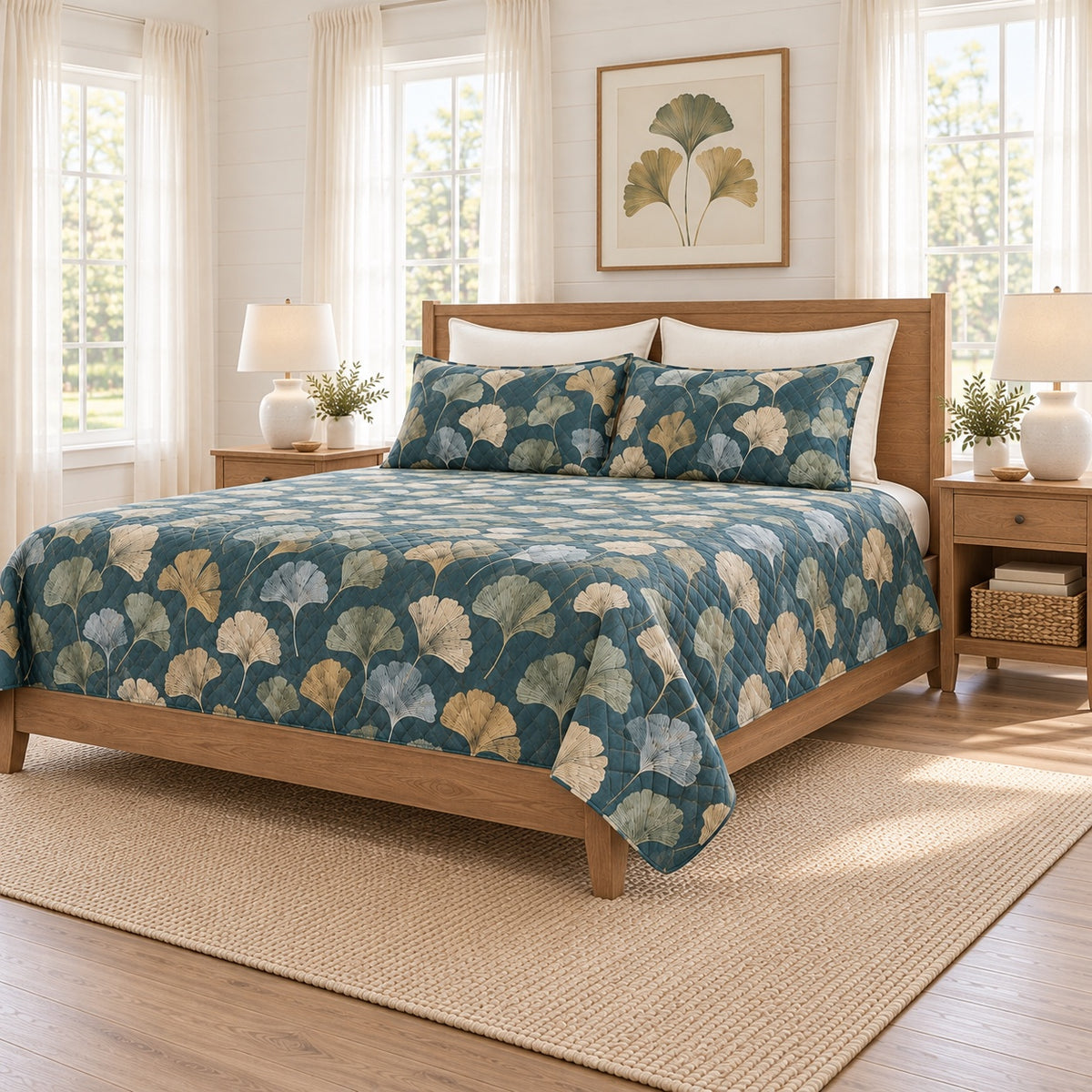 Dusty teal ginkgo fan quilt set right angle view