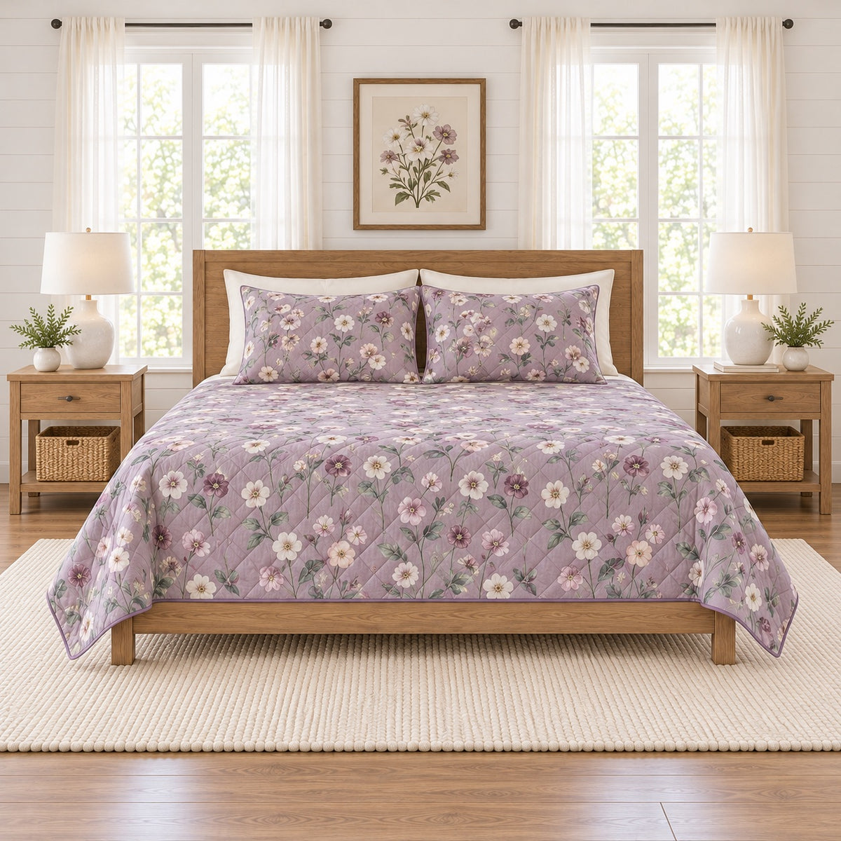Soft lilac hellebore quilt set front view with diamond stitching