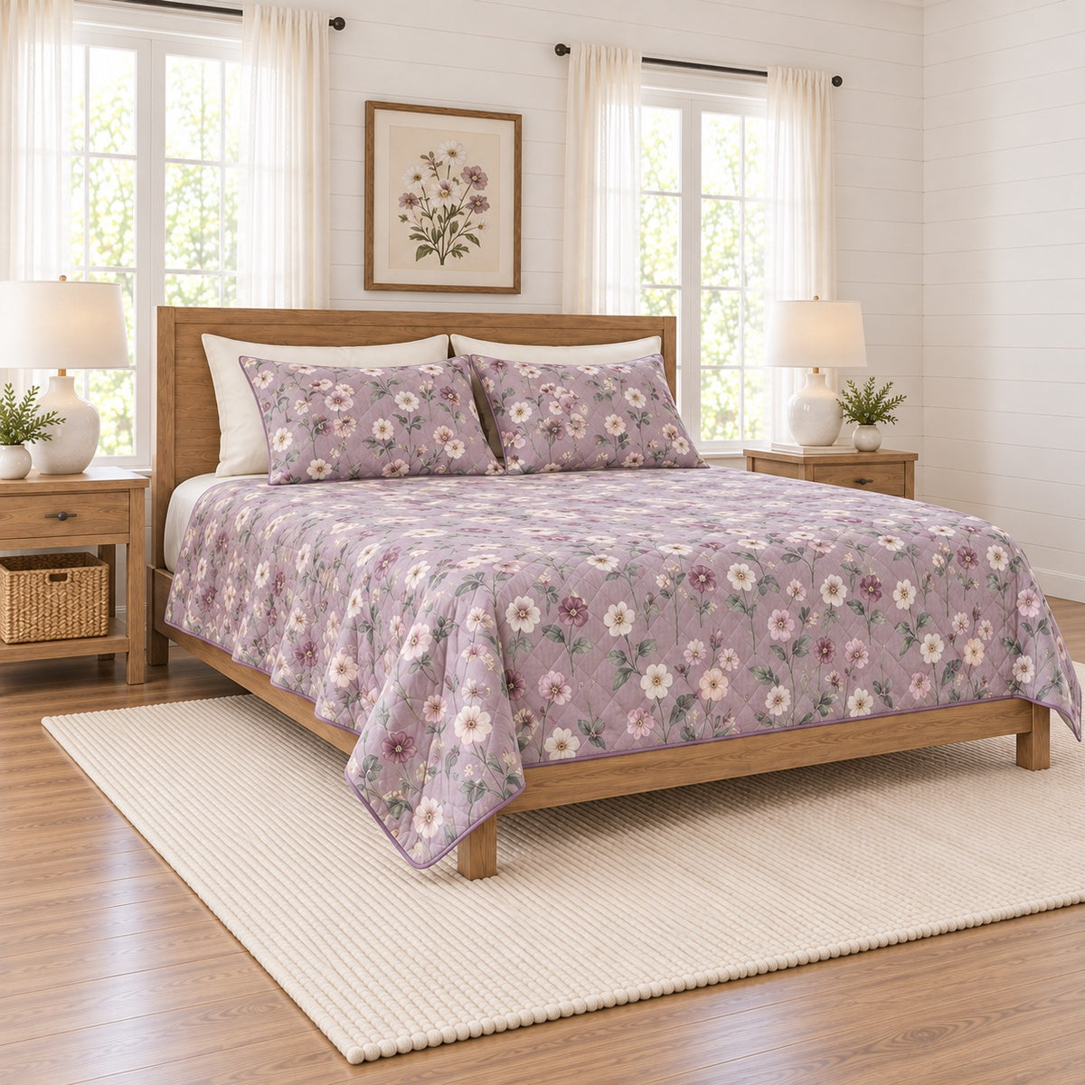 Soft lilac hellebore quilt set left angle view