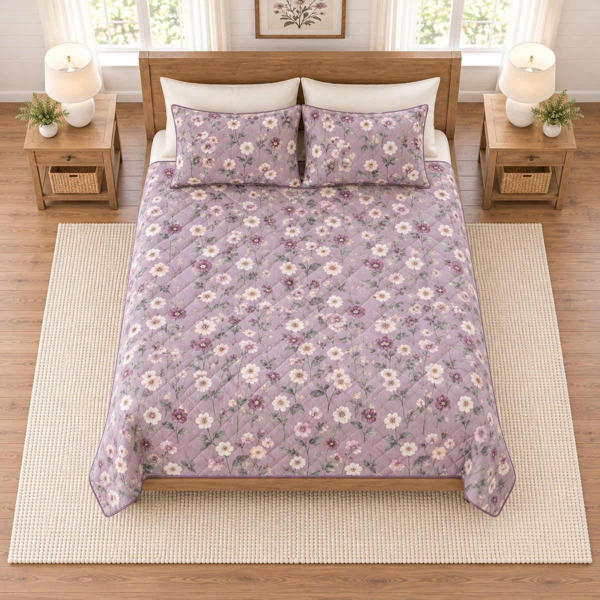 Soft lilac hellebore quilt set elevated overhead view
