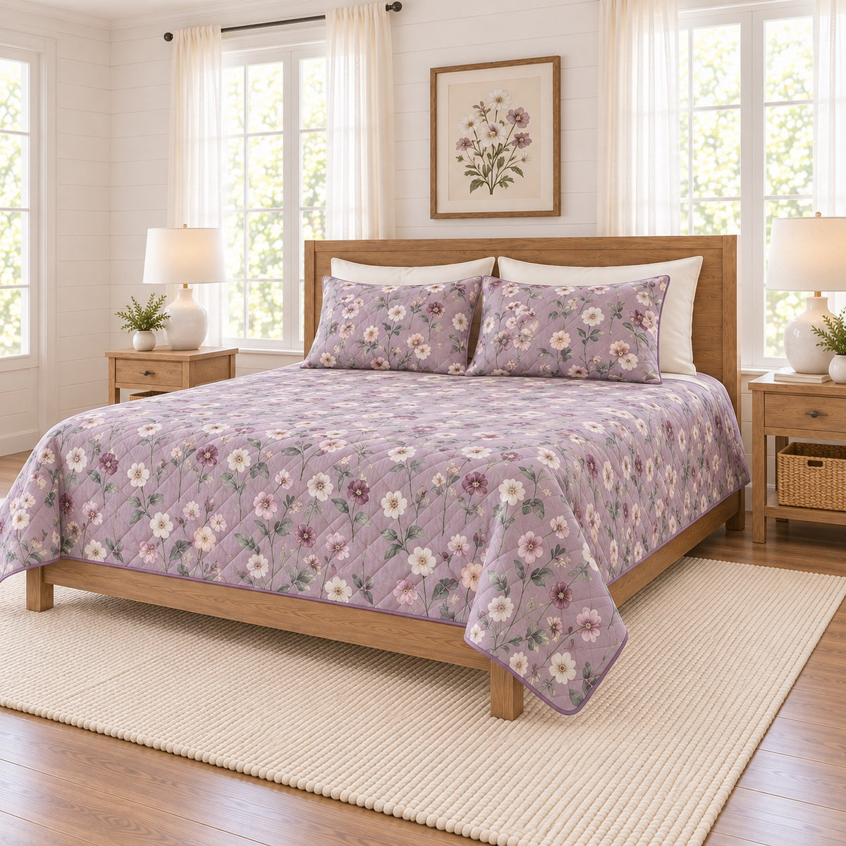 Soft lilac hellebore quilt set right angle view
