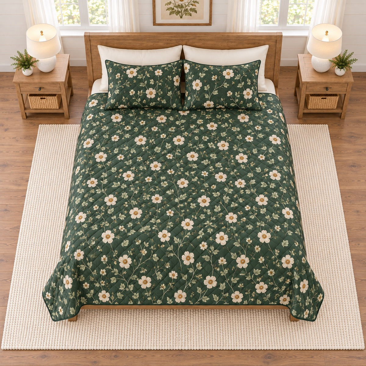 Deep forest anemone vine quilt set elevated overhead view